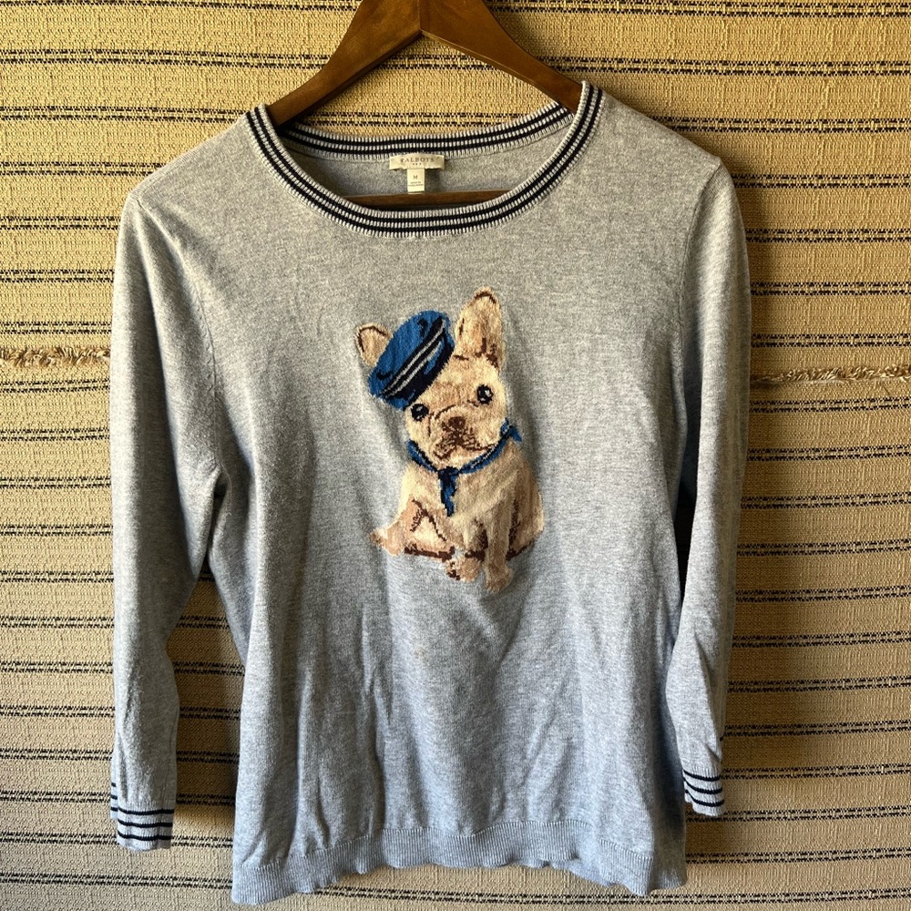 Talbots Gray Sweater with French Bulldog Design